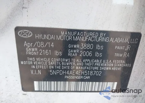 2014 Hyundai Elantra Se from USA, damaged, VIN 5NPDH4AE4EH518702
